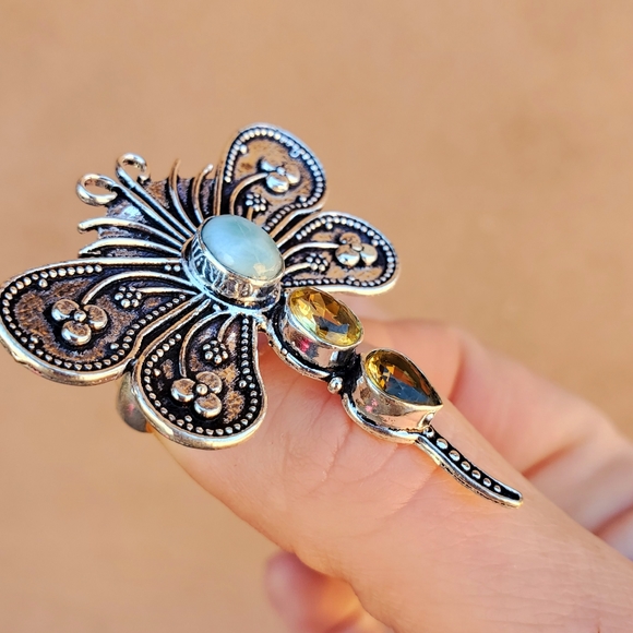 New Multi Gemstone 925 Silver Dragonfly Ring. - Picture 4 of 11